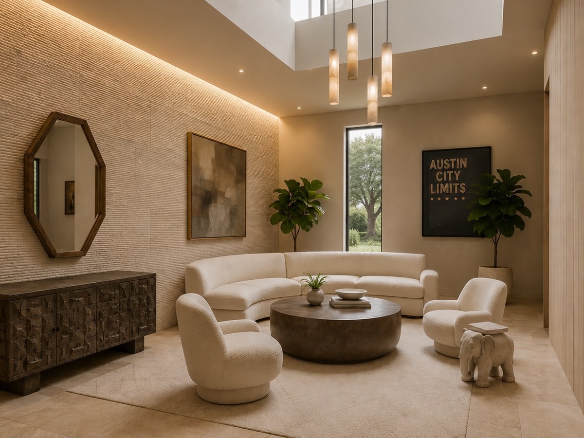 Rendering: a lounge with a curved white sofa, a round stone table and an octagonal mirror