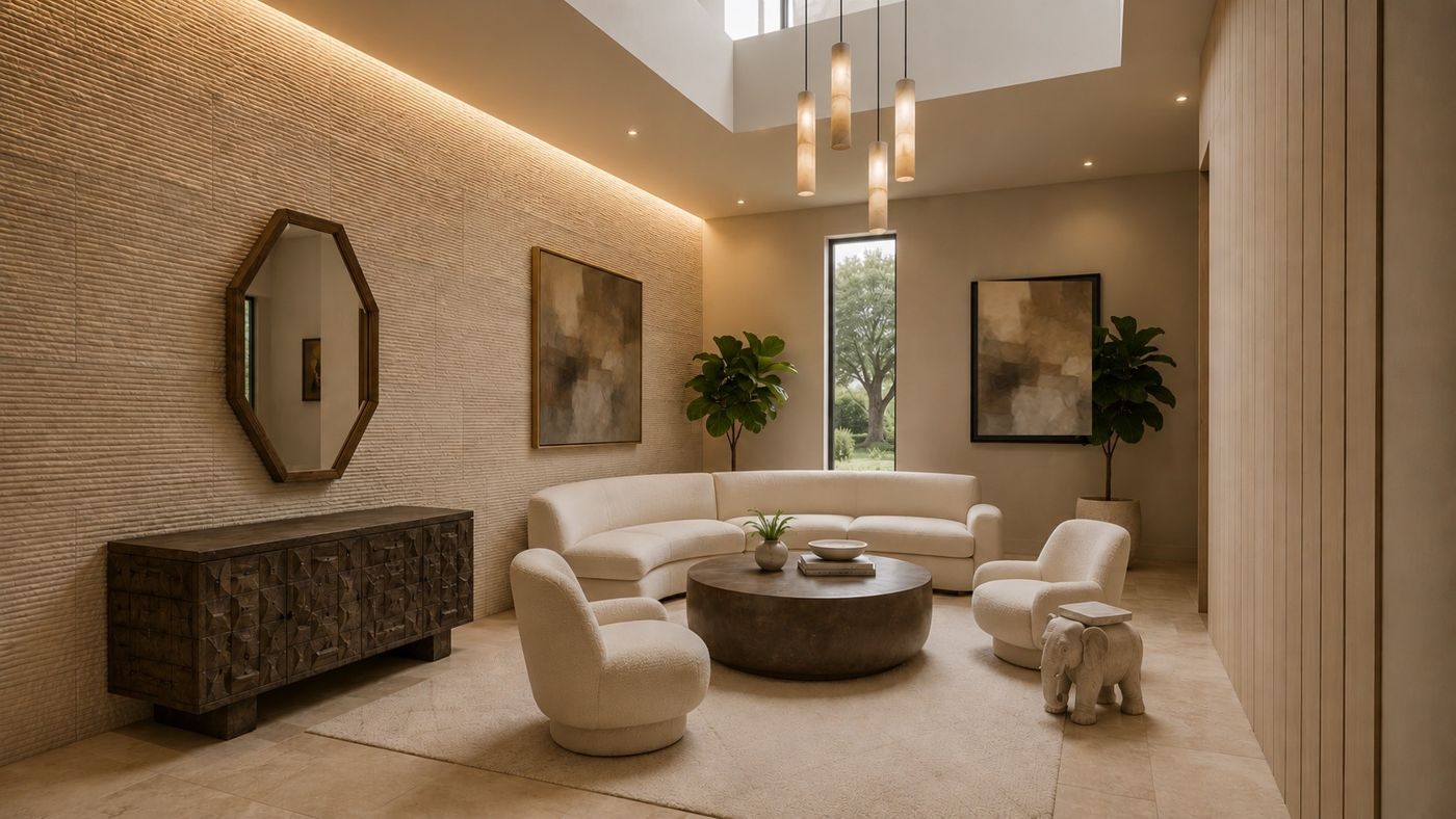 An entry with a curved white sofa, a round stone table and a textured plaster wall