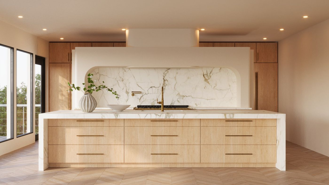 Rendering of a kitchen: a veined stone wall behind a pale oak island with a white stone top