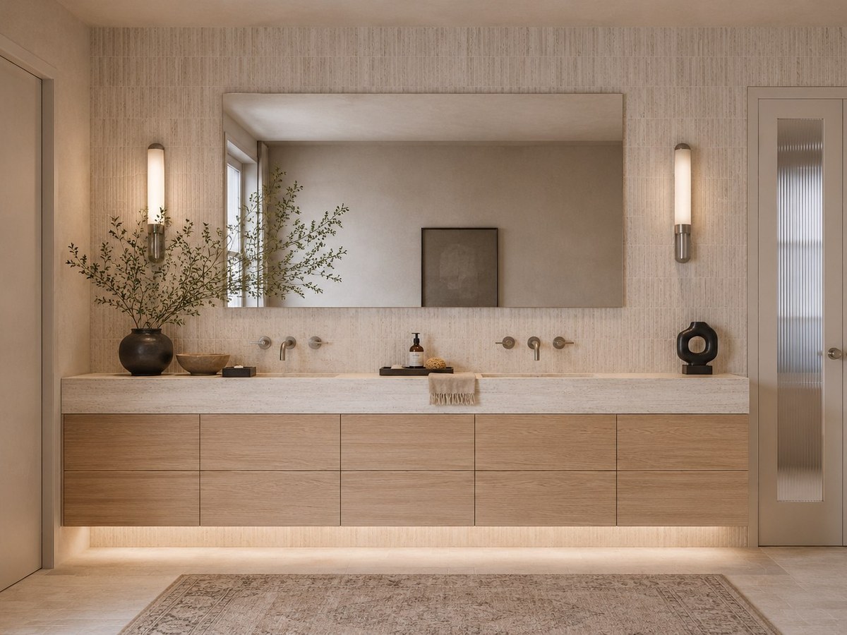Rendering: a floating oak double vanity under one wide mirror