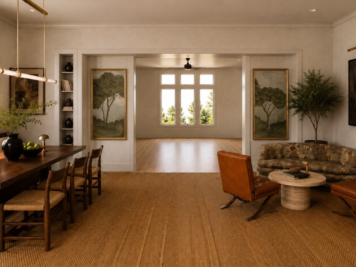 Rendering: a long wooden table, paintings of trees and a woven rug