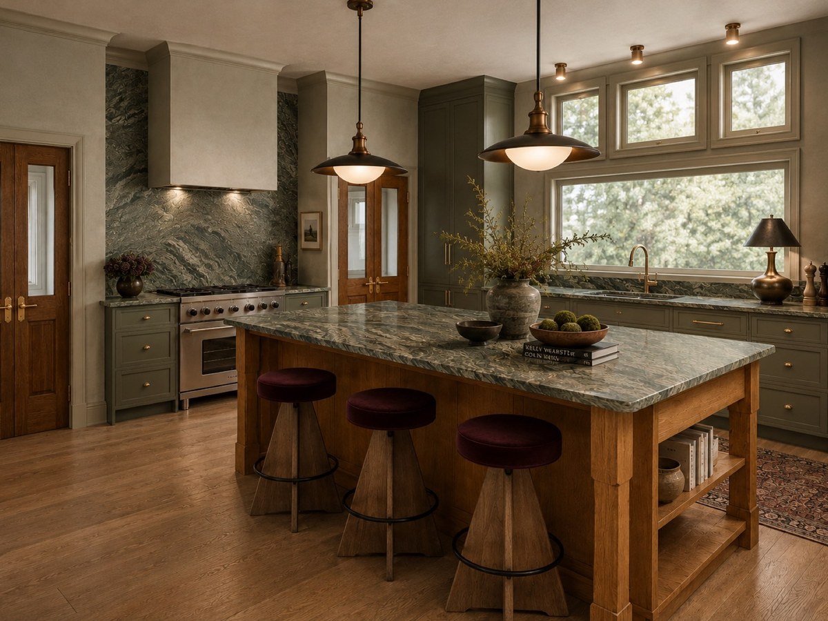 Rendering: sage cabinets, green quartzite up the range wall and a wooden island with velvet stools