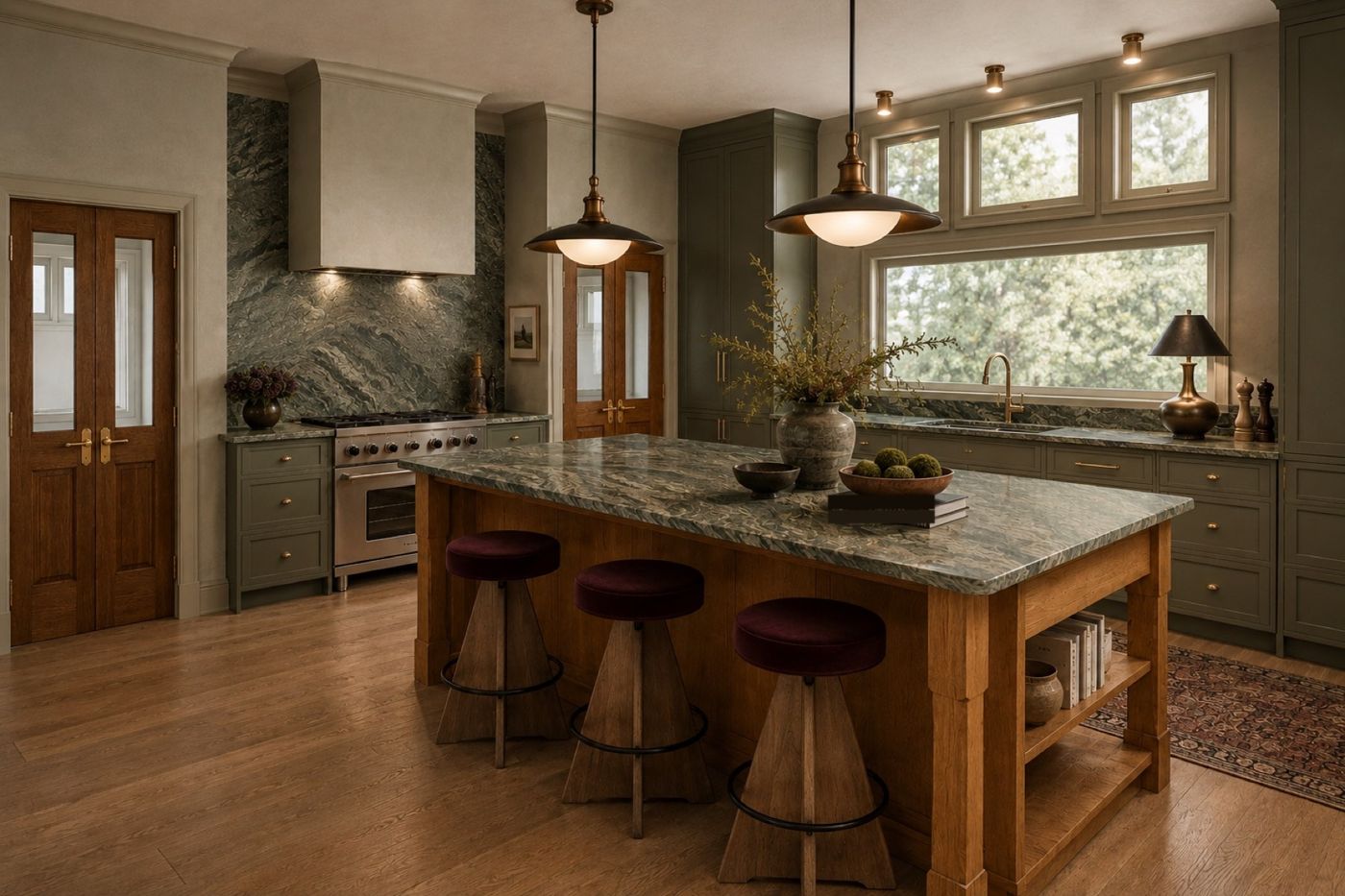 Rendering of a kitchen: sage cabinetry, green quartzite up the range wall, a wooden island with oxblood velvet stools