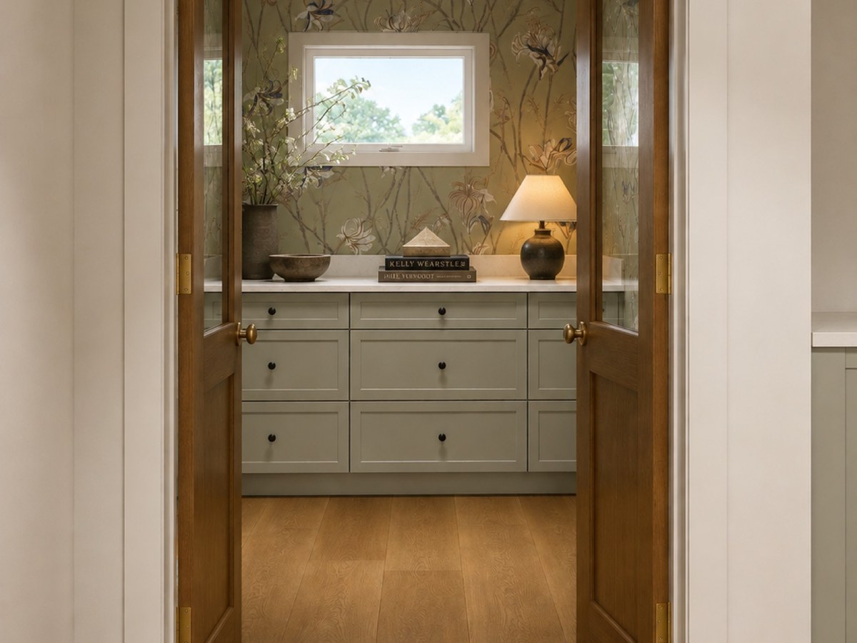 Rendering: wood double doors onto sage cabinets and botanical wallpaper