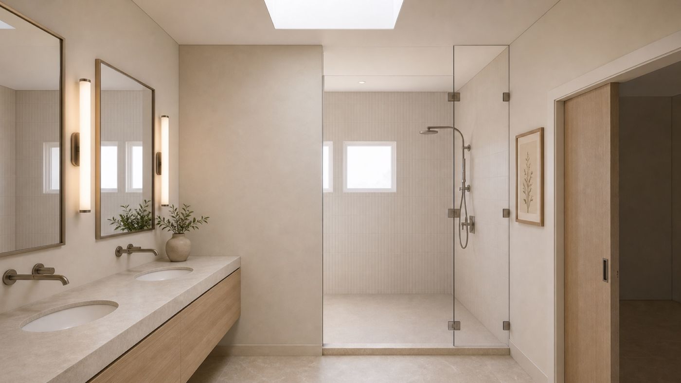 A pale stone primary bath with a walk-in shower