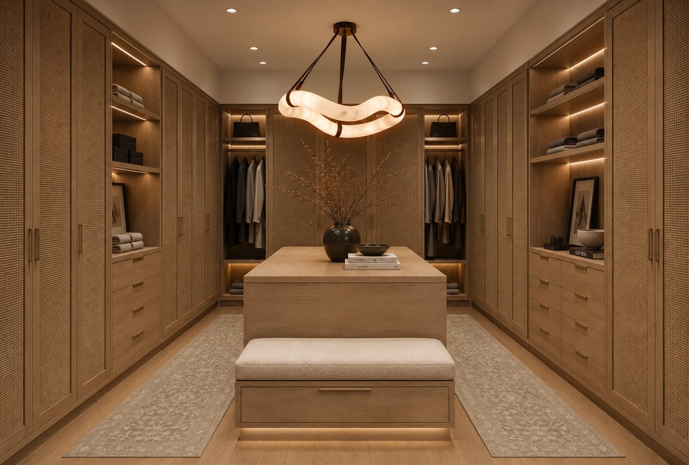 A dressing room in pale oak with an island and a sculptural pendant