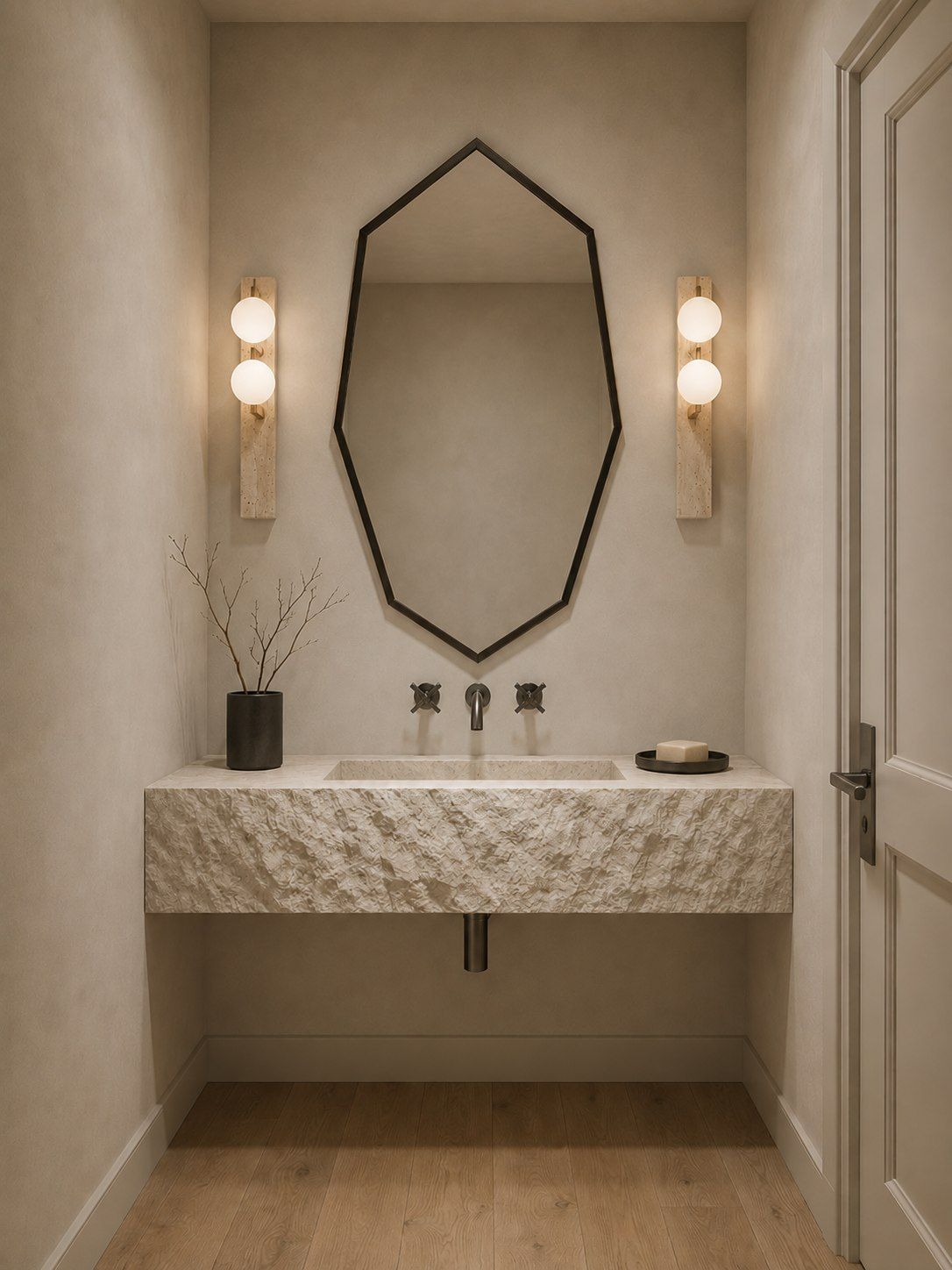 A powder room with a carved stone basin and an angled mirror