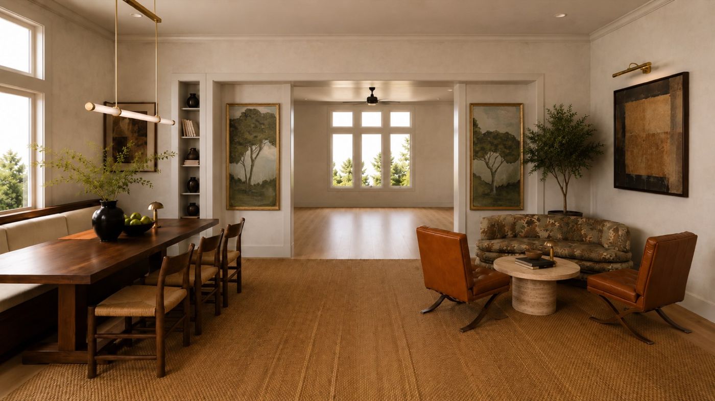 A dining room with botanical prints and a long wooden table