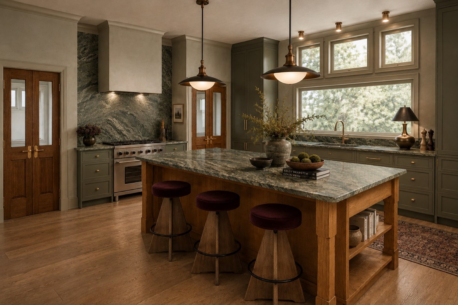 Rendering of the kitchen from the hall door: the island with three stools, the range under a plaster hood on the left, the sink under a wide window on the right
